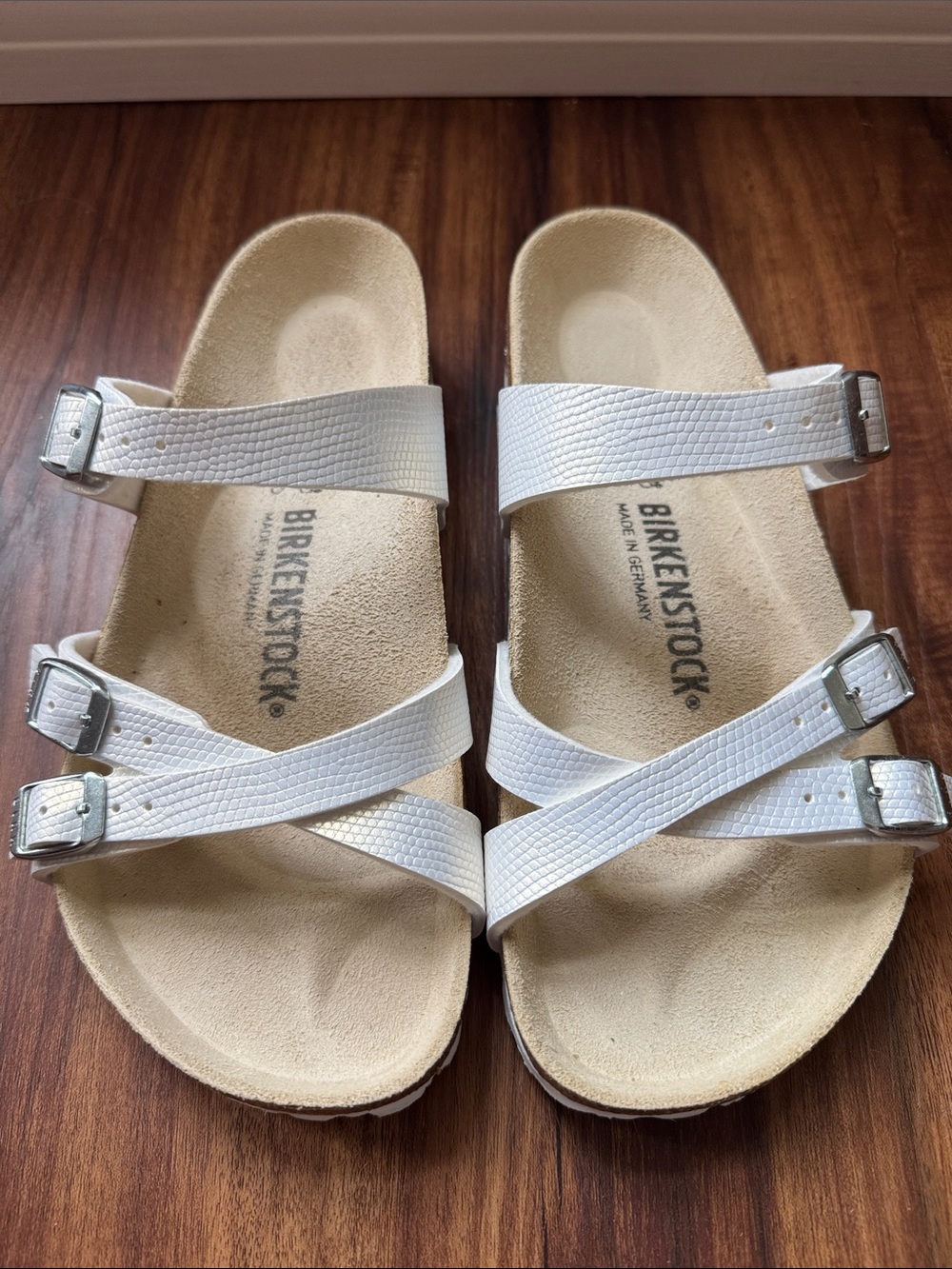 Birkenstock White Textured Triple-Strap Sandals